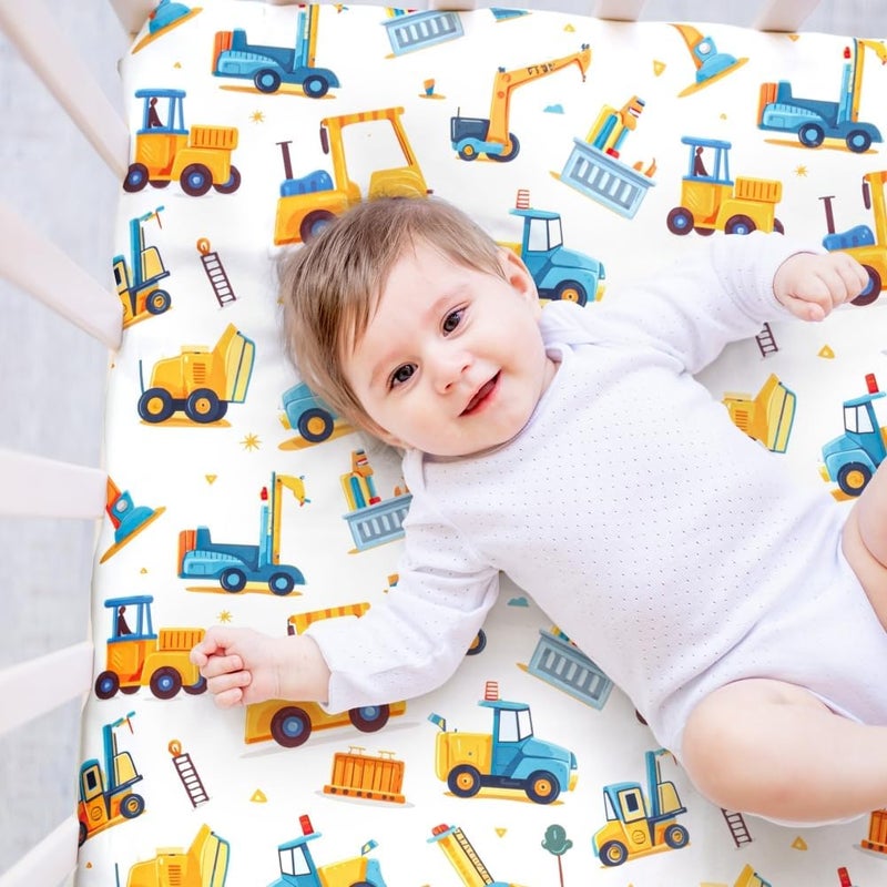FIGEPO 4 Pack Baby Boy Pack N Play Mini Crib Sheets Soft Fitted Baby Boy Mattress Covers Construction Truck Theme Breathable Toddler Sheets for Infant (Construction Truck, Pack N Play Mini Crib Sheets) - Image 2